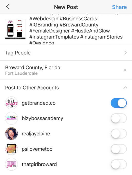 Screenshot von Instagram mit Übersicht der Accounts zum multiplen Posten von Bildern.